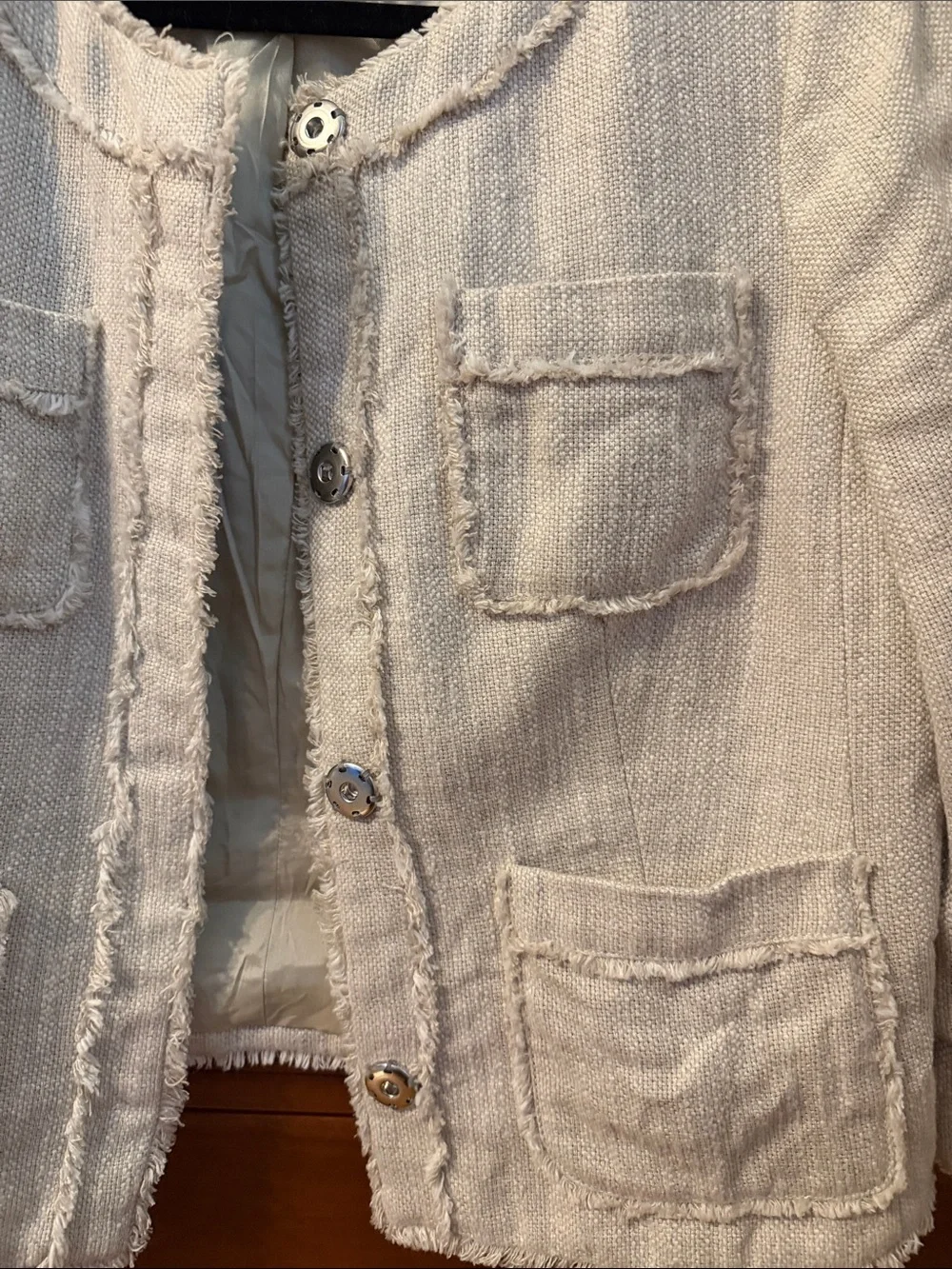 Michael Kors Cream Frayed Tweed Collarless Jacket